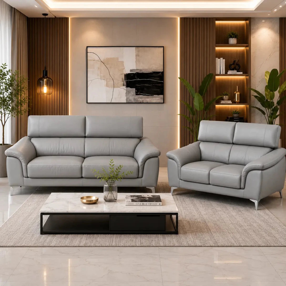Home Center Light Silver-Grey Leather Sofa Set | 3+2 Seater, Polished Metal Legs - used 7 months - Al Thahani Furniture