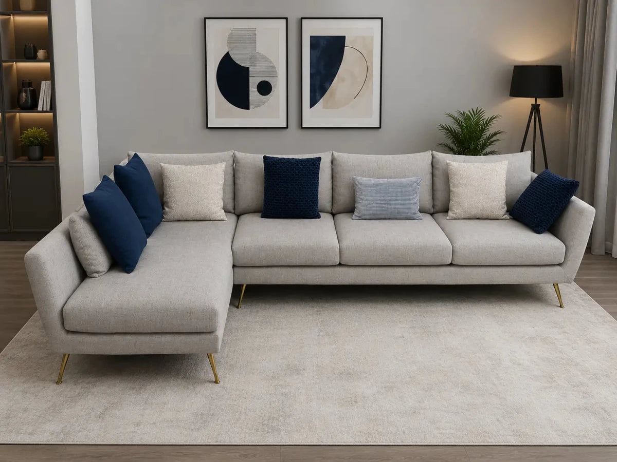 Home Center Peyton 4-Seater Fabric Right Corner Sofa | Gold Metal Legs - used 8 months - Al Thahani Furniture