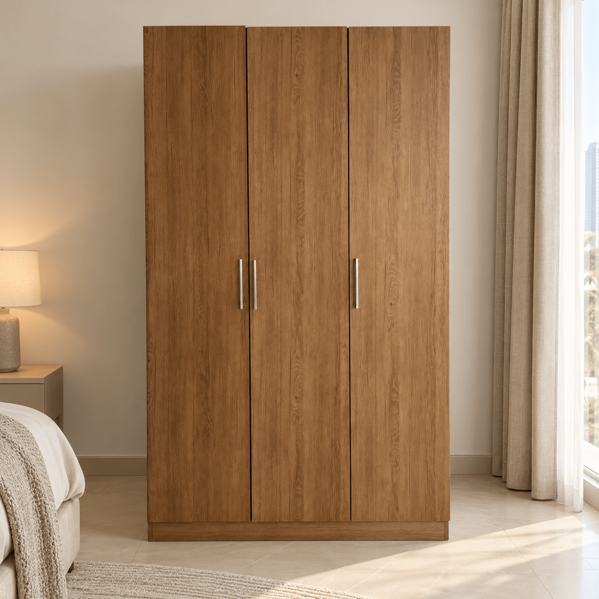 Home Centre 3-Door Wooden Wardrobe with Hanging Rails & Shelves – Natural Oak Brown - Al Thahani Furniture