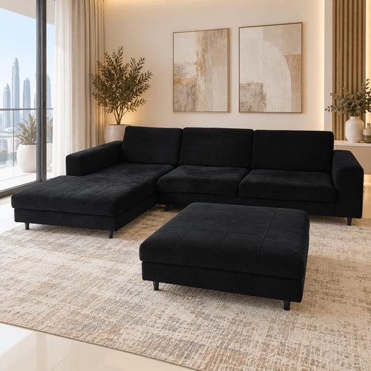 Home Centre 3-Seater Fabric Corner Sofa with Chaise & Matching Ottoman – Dark Charcoal - Al Thahani Furniture