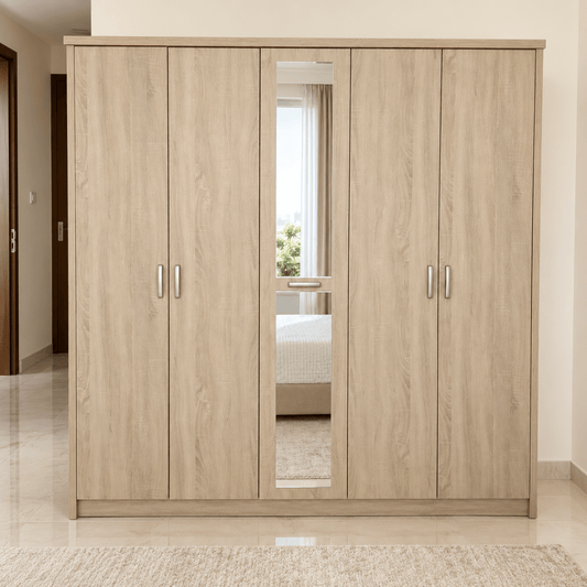 Home Centre 5-Door Wardrobe with Centre Mirror – Light Oak - Al Thahani Furniture