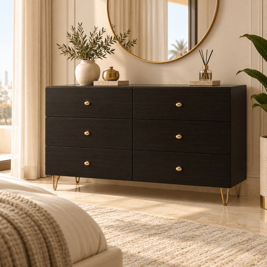 Home Centre 6-Drawer Dresser with Gold Metal Legs – Dark Brown & Gold - Al Thahani Furniture