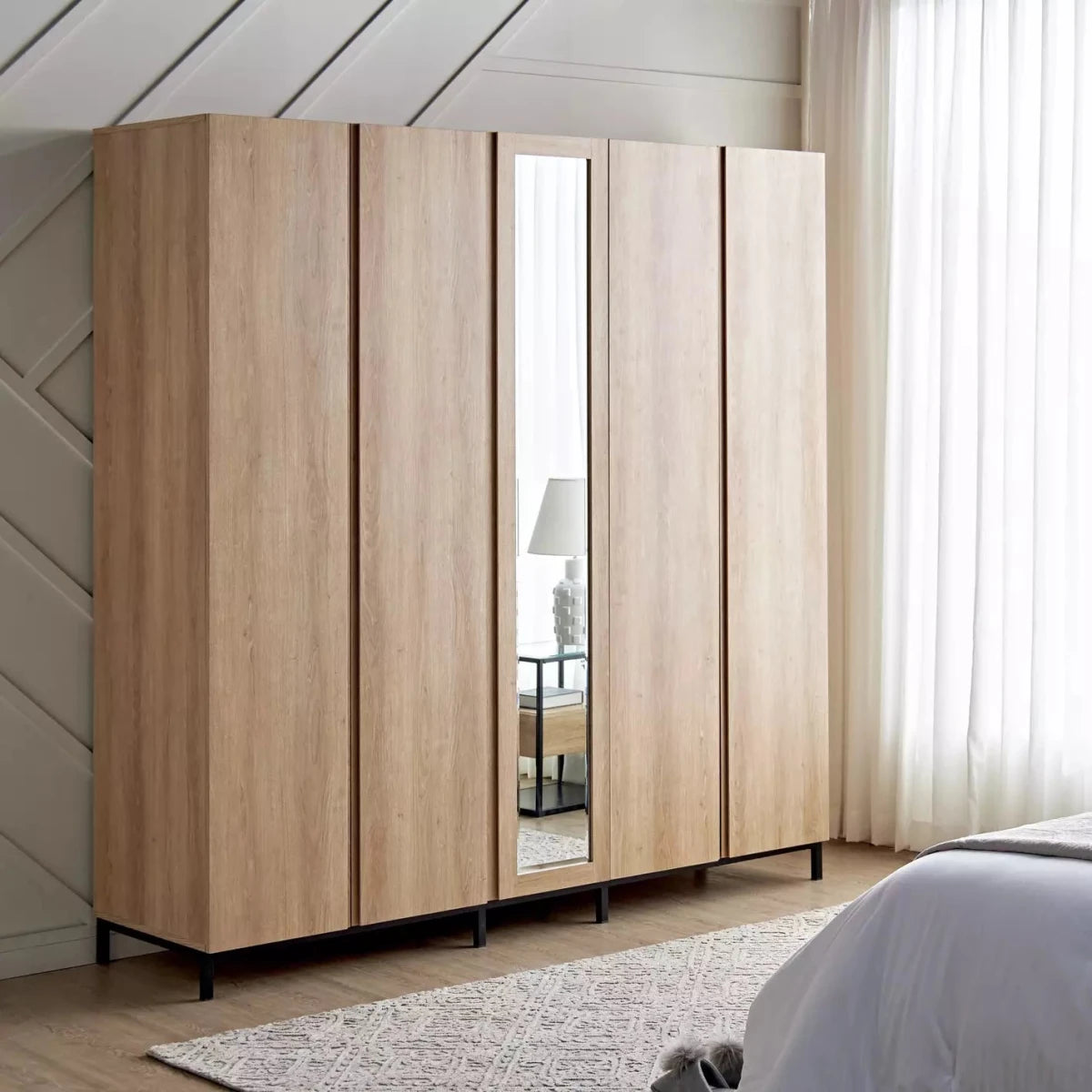 Home Centre Anders 5-Door Wardrobe with Mirror | Oak - Al Thahani Furniture
