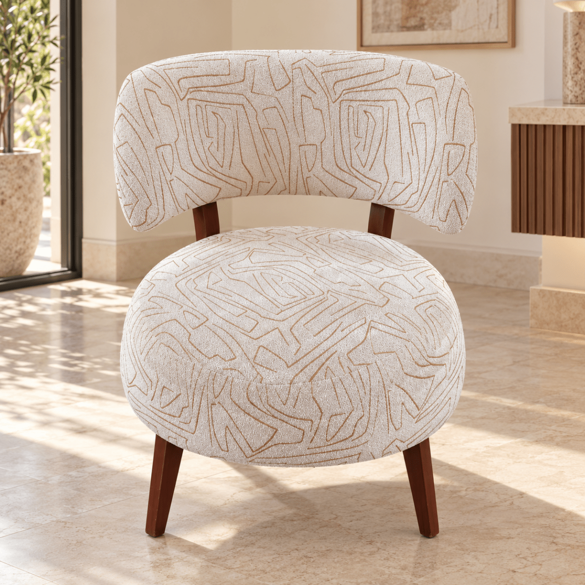 Home Centre Arlo Curved Accent Chair – Cream Patterned Fabric & Wooden Legs - Al Thahani Furniture