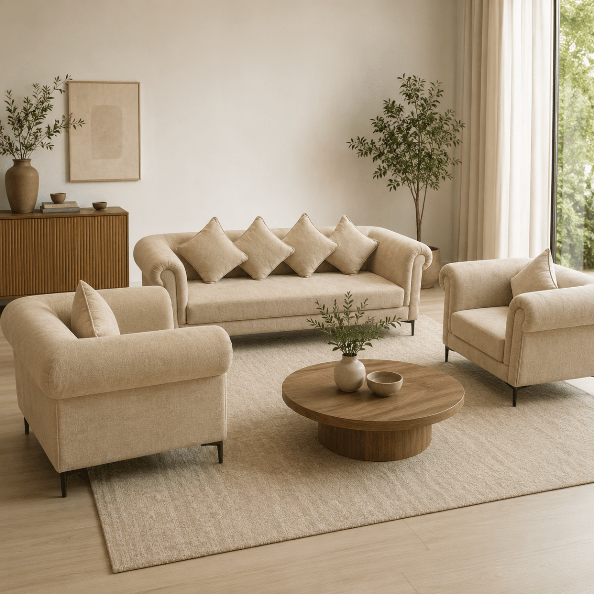 Home Centre Beige 5-Seater Sofa Set – 3-Seater Sofa &amp; 2 Armchairs - Al Thahani Furniture