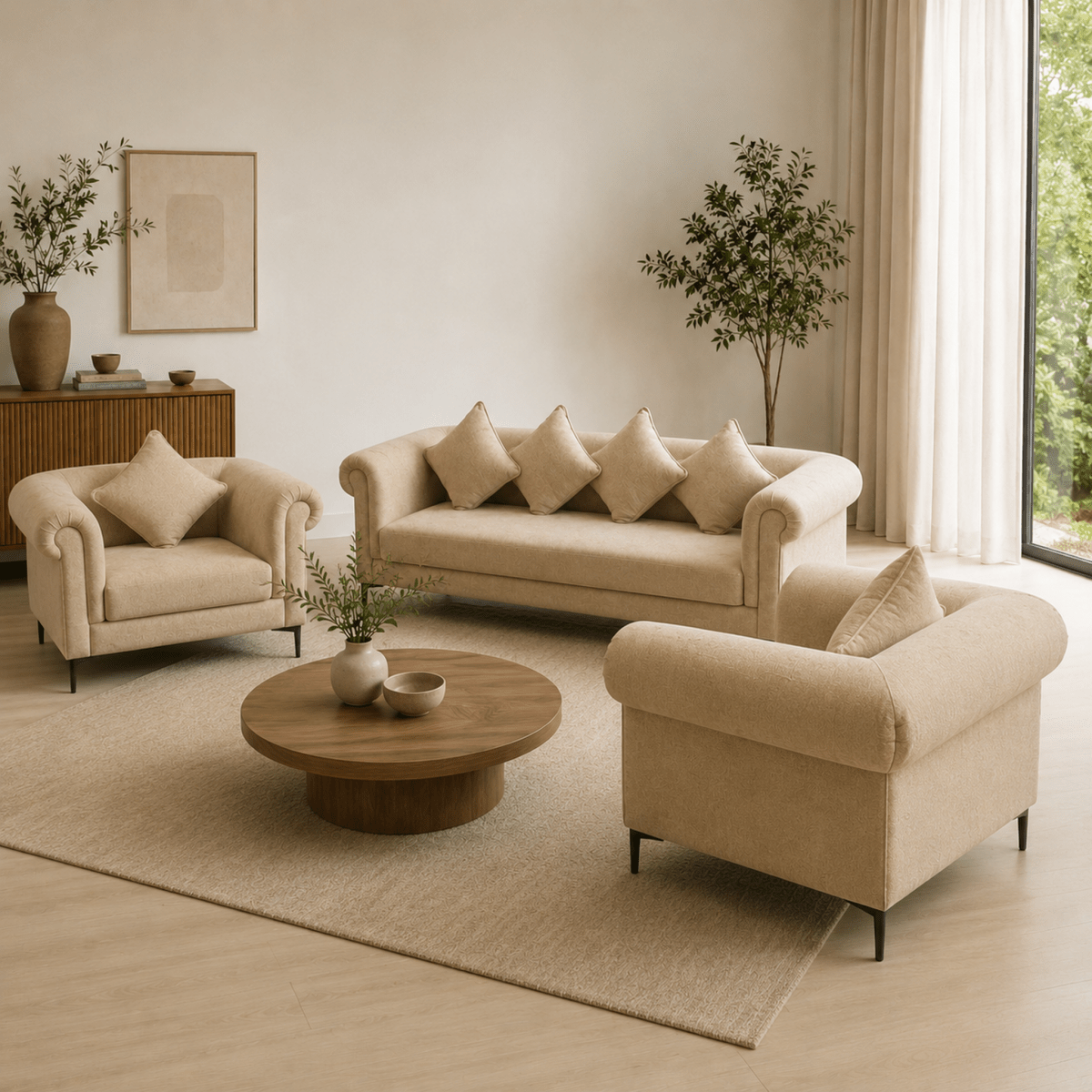 Home Centre Beige 5-Seater Sofa Set – 3-Seater Sofa &amp; 2 Armchairs - Al Thahani Furniture