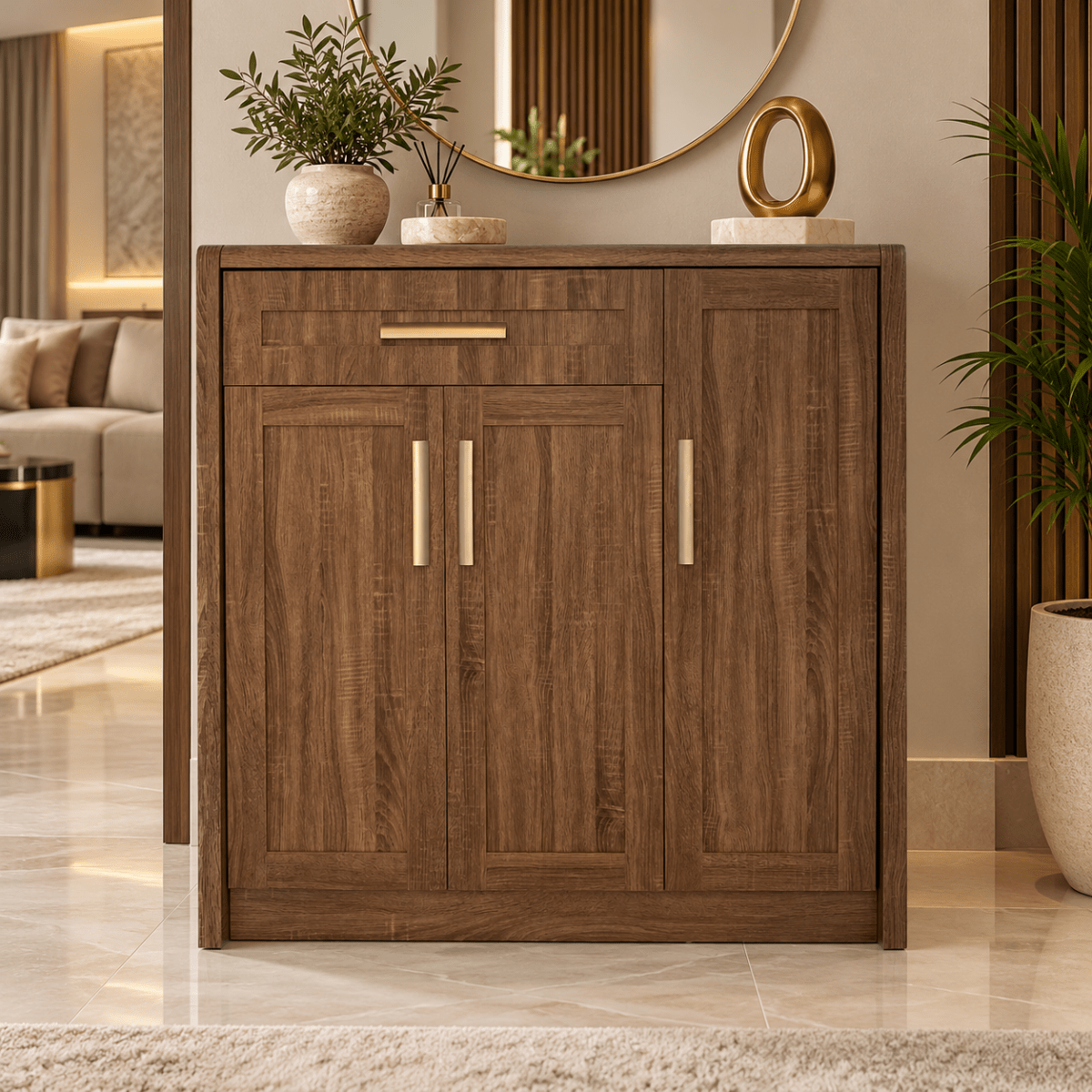 Home Centre BP Saturn 3-Door Shoe Cabinet with Drawer – Brown – 120 × 39.5 × 120 cm - Al Thahani Furniture