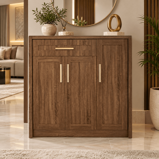 Home Centre BP Saturn 3-Door Shoe Cabinet with Drawer – Brown – 120 × 39.5 × 120 cm - Al Thahani Furniture