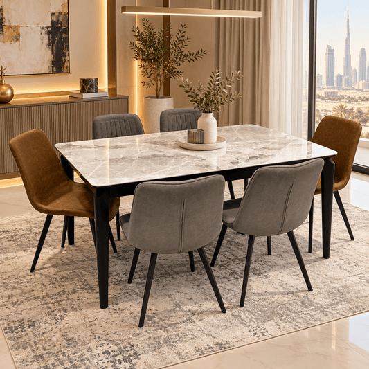 Home Centre Charcoal 7-Piece Dining Set with Ceramic Top Table & 6 Fabric Chairs – Grey, Brown & Black - Al Thahani Furniture