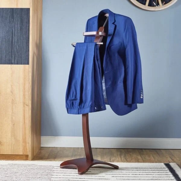 Home Centre Clooney Suit Stand | Wenge Finish | Curved Wooden Hanger + Accessory Tray - althahanifurniture