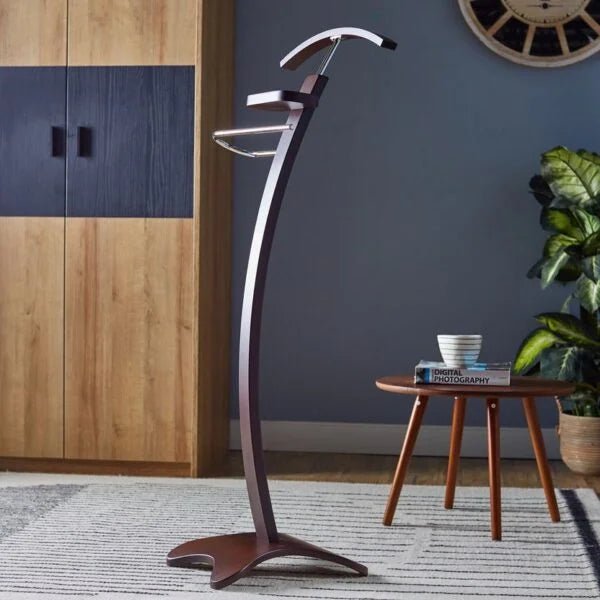 Home Centre Clooney Suit Stand | Wenge Finish | Curved Wooden Hanger + Accessory Tray - althahanifurniture