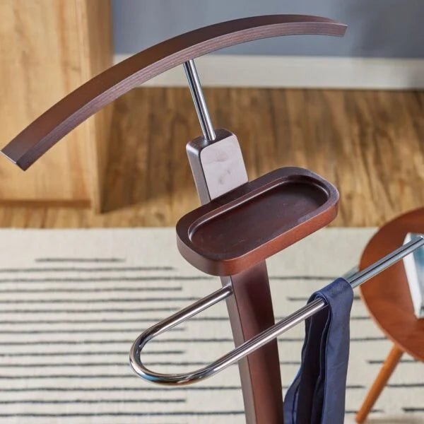Home Centre Clooney Suit Stand | Wenge Finish | Curved Wooden Hanger + Accessory Tray - althahanifurniture