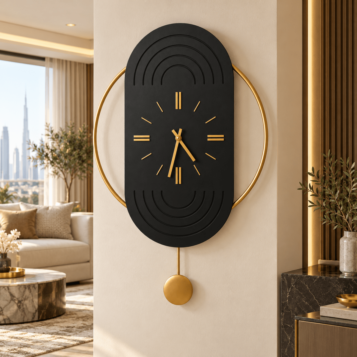 Home Centre Dahlia Pendulum Wall Clock – Black & Gold – 70 × 40 cm - Al Thahani Furniture