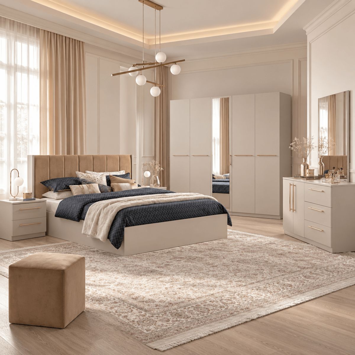 Home Centre Dante 7-Piece King Bedroom Set with 5-Door Wardrobe & Mattress – 180 × 200 cm – Beige & Camel - Al Thahani Furniture