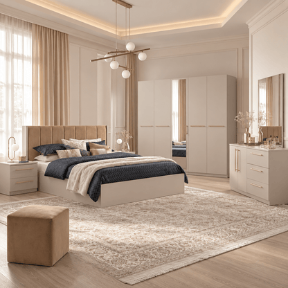 Home Centre Dante 7-Piece King Bedroom Set with 5-Door Wardrobe & Mattress – 180 × 200 cm – Beige & Camel - Al Thahani Furniture