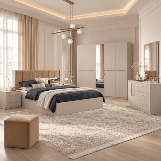 Home Centre Dante 7-Piece King Bedroom Set with 5-Door Wardrobe & Mattress – 180 × 200 cm – Beige & Camel - Al Thahani Furniture