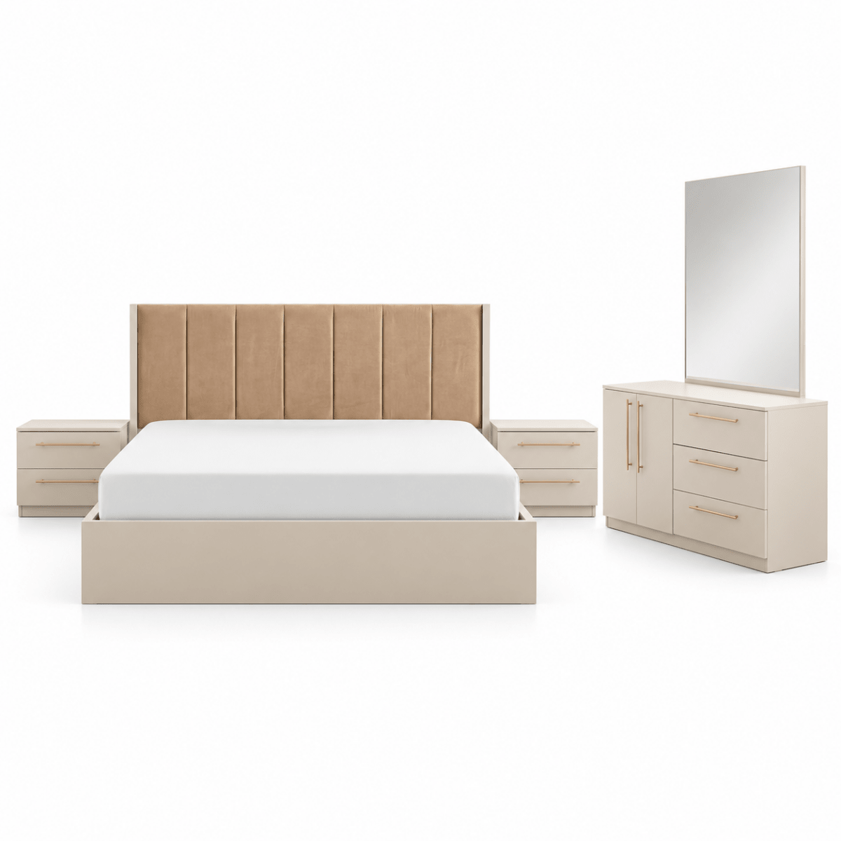Home Centre Dante 7-Piece King Bedroom Set with 5-Door Wardrobe & Mattress – 180 × 200 cm – Beige & Camel - Al Thahani Furniture