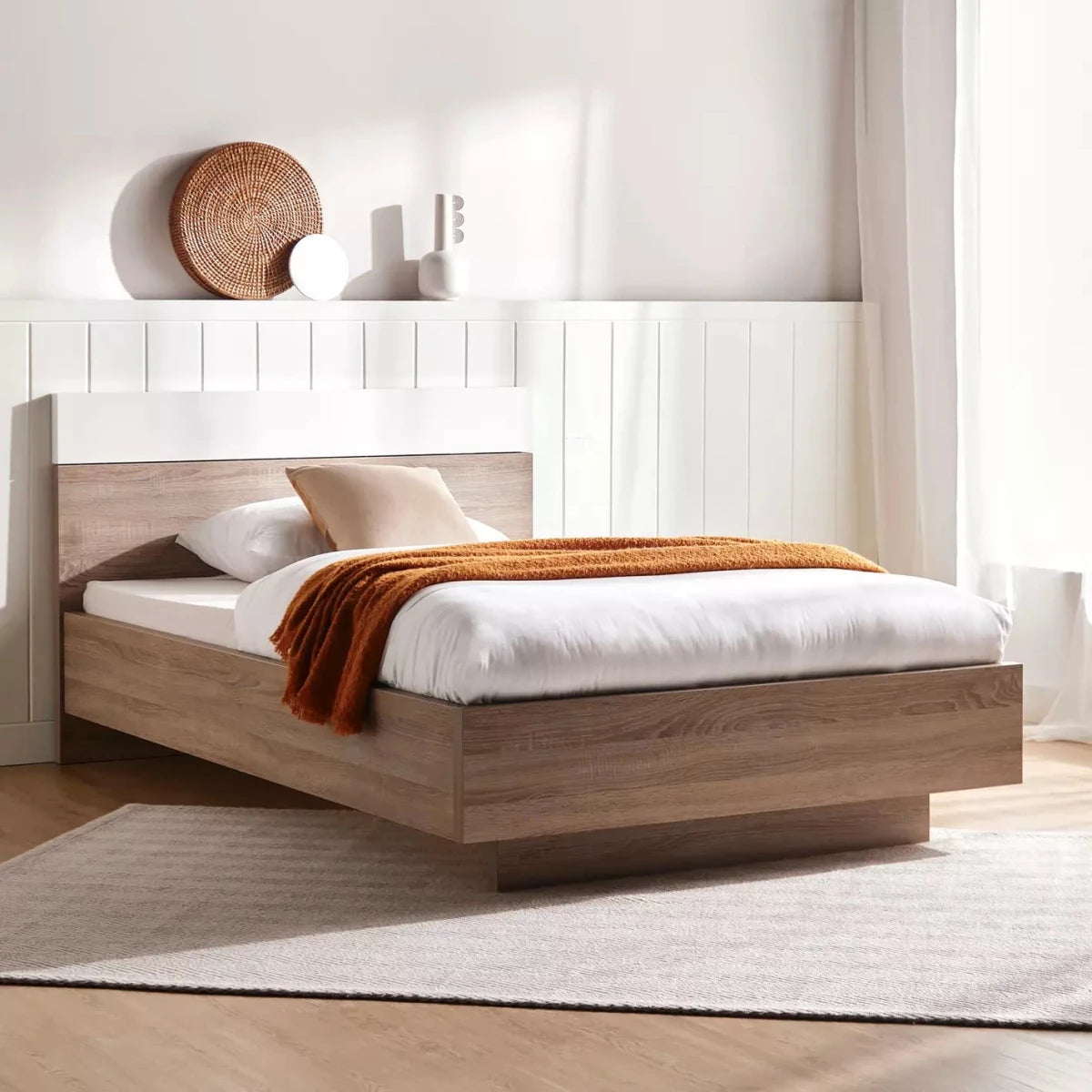 Home Centre Dublin Single Bed with Mattress – 120 × 200 cm – White & Oak - Al Thahani Furniture