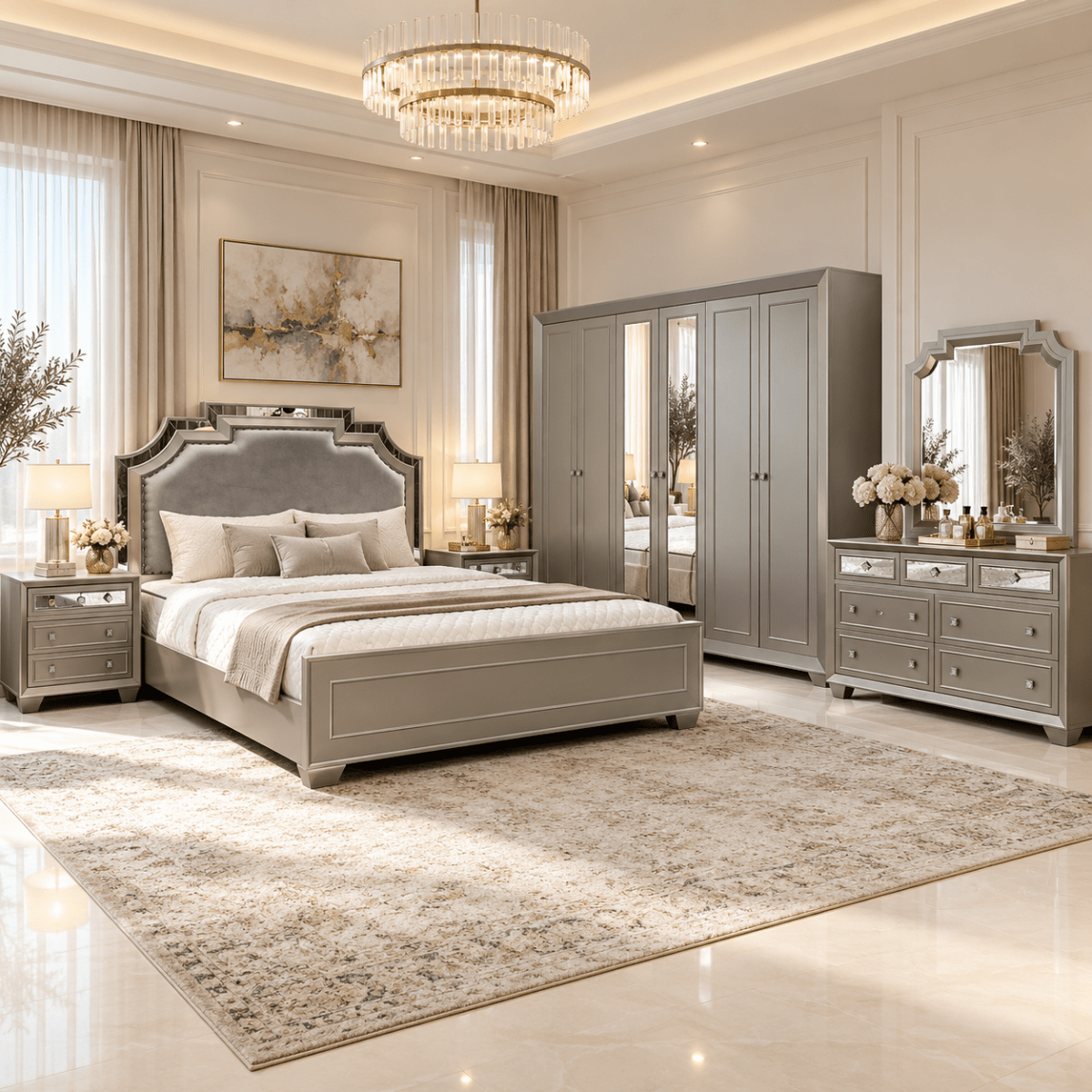Home Centre Eleanor King Bedroom Set with 6-Door Mirrored Wardrobe & Mattress – Metallic Grey – 180 × 210 cm - Al Thahani Furniture