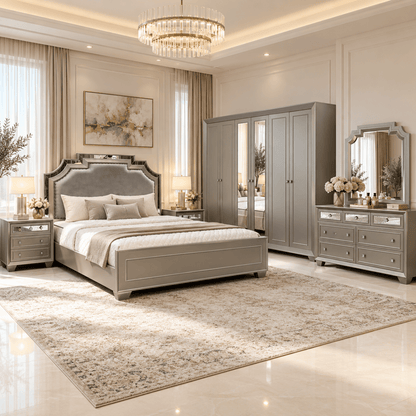 Home Centre Eleanor King Bedroom Set with 6-Door Mirrored Wardrobe & Mattress – Metallic Grey – 180 × 210 cm - Al Thahani Furniture