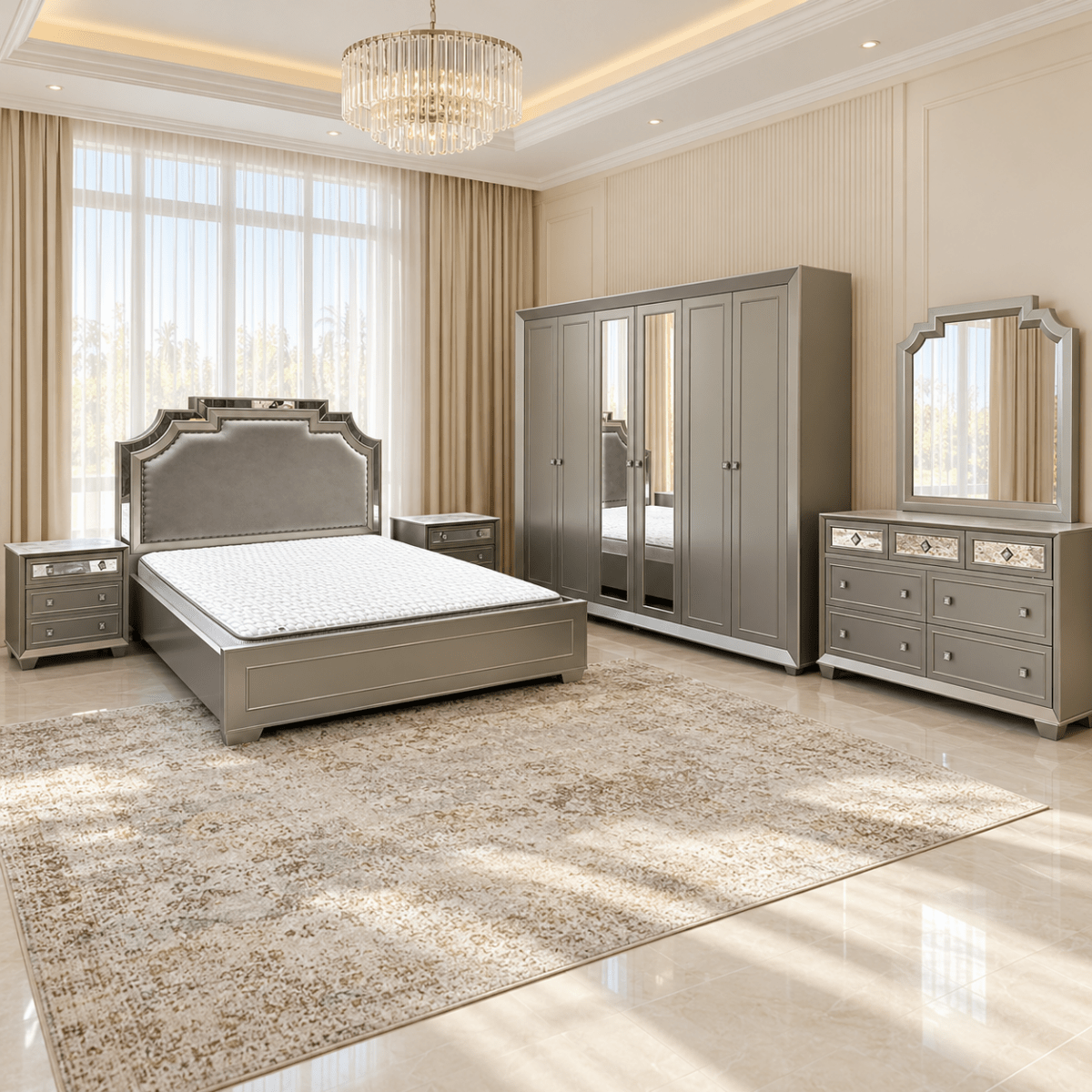 Home Centre Eleanor King Bedroom Set with 6-Door Mirrored Wardrobe & Mattress – Metallic Grey – 180 × 210 cm - Al Thahani Furniture
