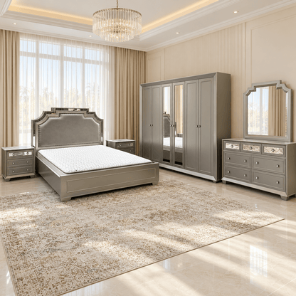Home Centre Eleanor King Bedroom Set with 6-Door Mirrored Wardrobe & Mattress – Metallic Grey – 180 × 210 cm - Al Thahani Furniture