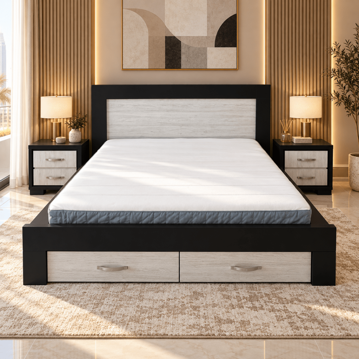 Home Centre Elements King Bed with 2 Drawer Storage – 180 × 200 cm – Black & Natural - Al Thahani Furniture