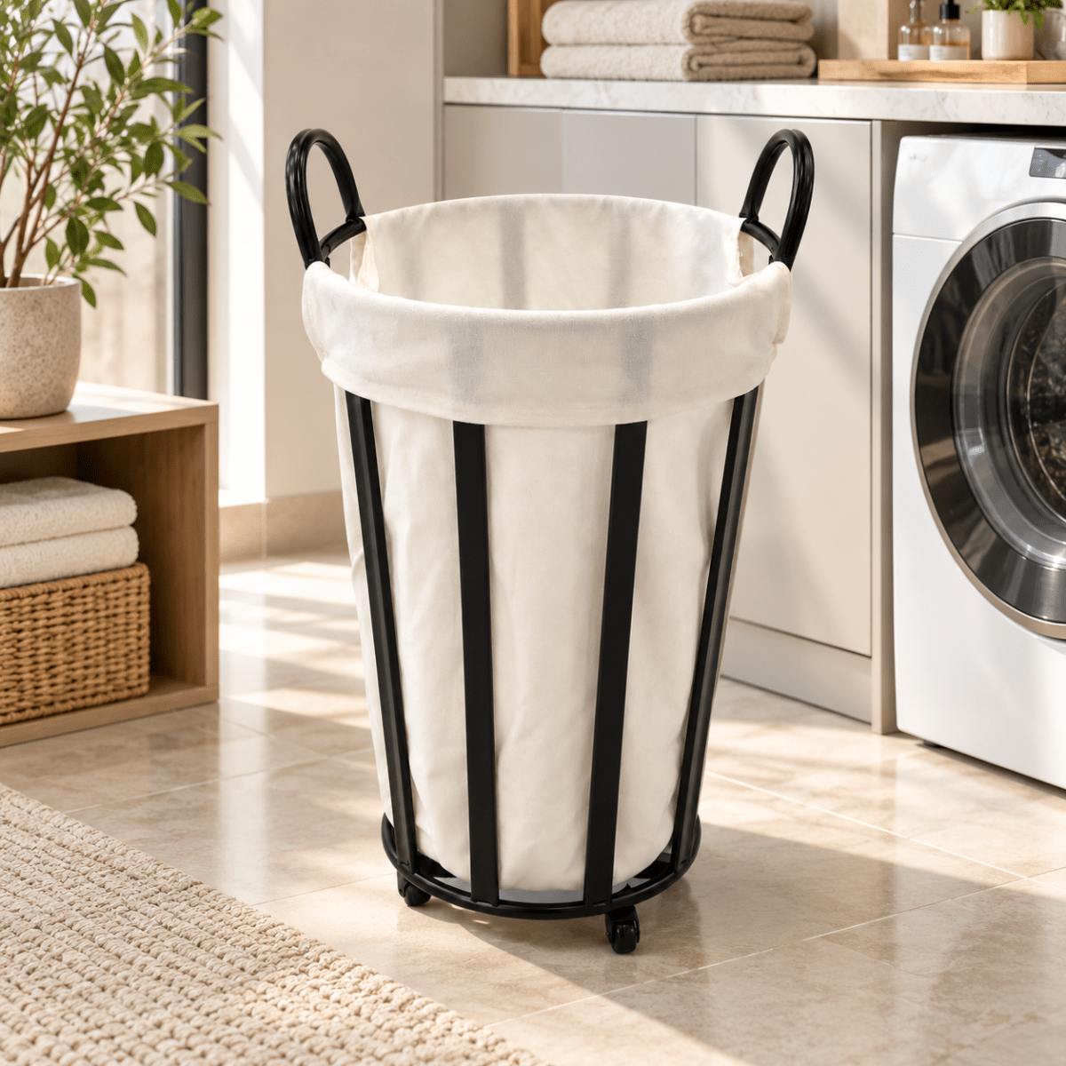 Home Centre Gradient Round Laundry Hamper with Removable Fabric Liner – Black & White – 44 × 44 × 56 cm - Al Thahani Furniture