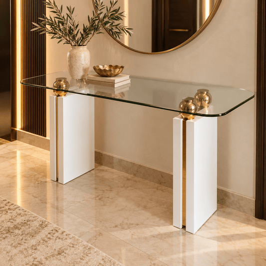 Home Centre Hikayat Console Table with Mirror – White/Gold – 140 × 45 × 76 cm - Al Thahani Furniture