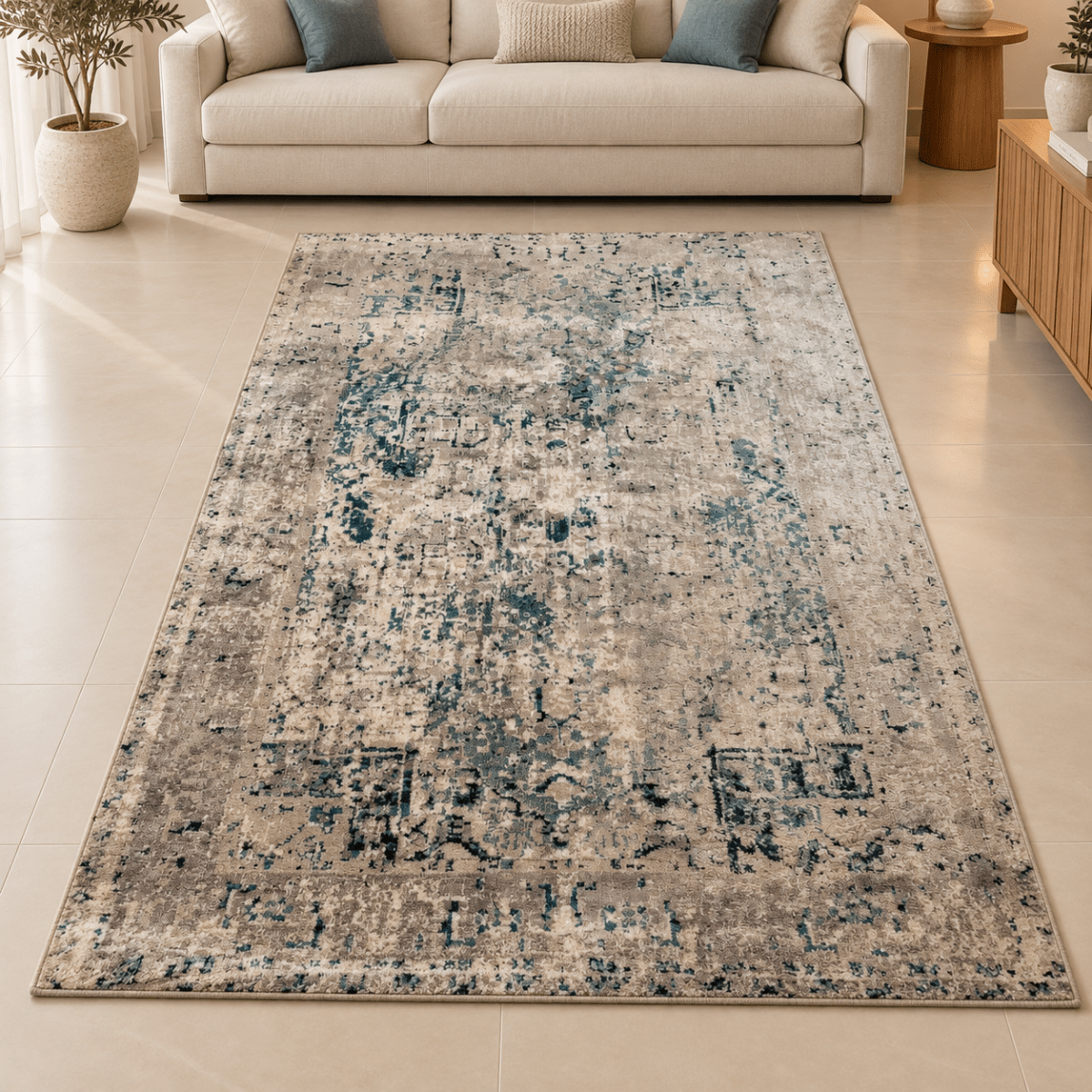 Home Centre Ivory, Beige & Teal Blue Distressed Abstract Area Rug – 160 × 235 cm - Al Thahani Furniture