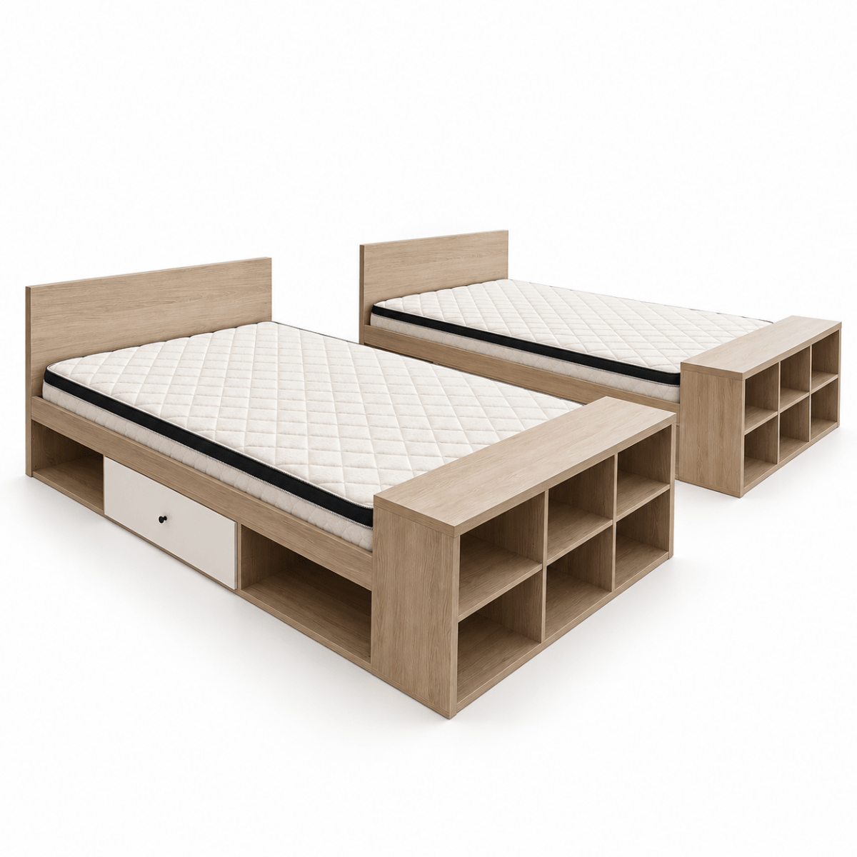 Home Centre Juvele Set of 2 Single Storage Beds with Mattresses – Light Oak – 120 × 200 cm - Al Thahani Furniture
