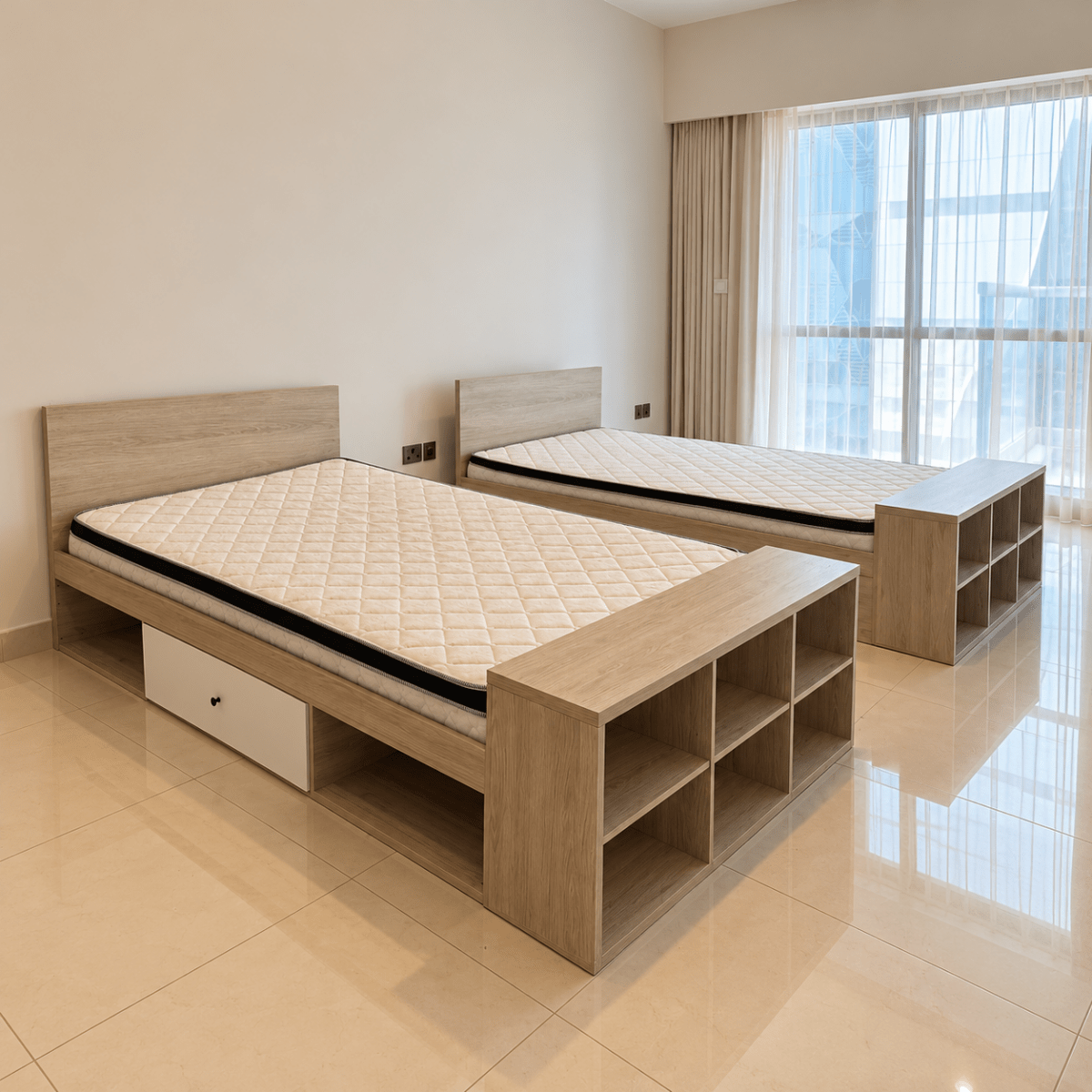 Home Centre Juvele Set of 2 Single Storage Beds with Mattresses – Light Oak – 120 × 200 cm - Al Thahani Furniture