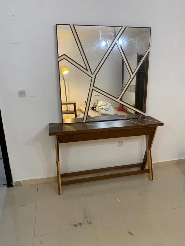 Home Centre Ken Console & Mirror Set | Modern Geometric Design with X - Base - althahanifurniture