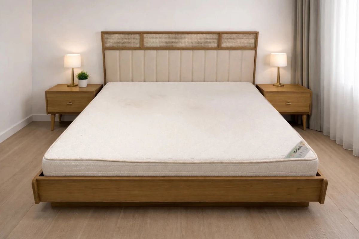 Home Centre King Bed & Mattress Set – Upholstered Headboard & Wood Base – 180x200 cm - althahanifurniture
