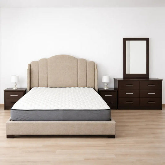 Home Centre King Bed Set – 180x200 cm – Wingback Upholstered Headboard – Dark Wood Dresser & Nightstands – Used 1 Year (Excellent Condition) - althahanifurniture
