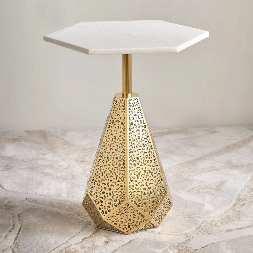 Home Centre Lantern Marble Top Side Table | Hexagonal Marble & Gold Geometric Base - althahanifurniture
