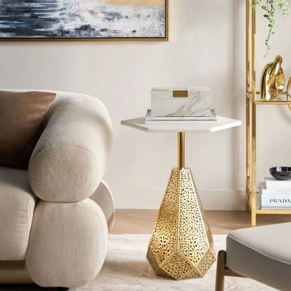 Home Centre Lantern Marble Top Side Table | Hexagonal Marble & Gold Geometric Base - althahanifurniture