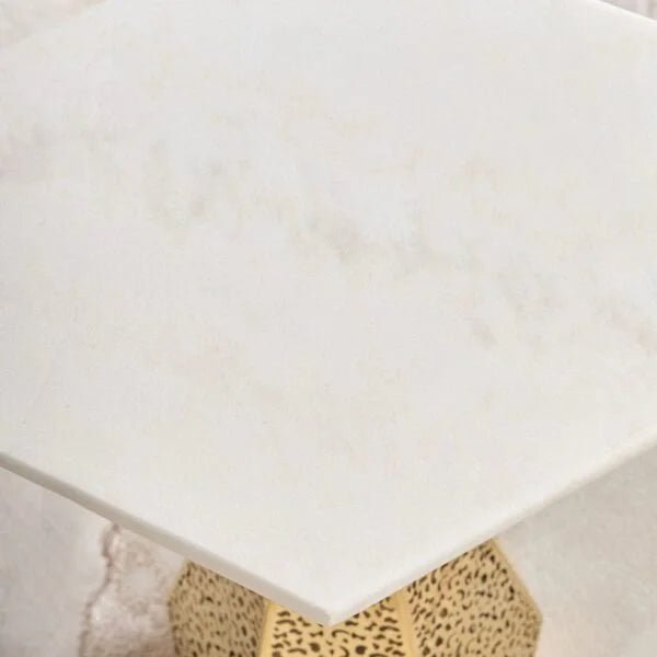 Home Centre Lantern Marble Top Side Table | Hexagonal Marble & Gold Geometric Base - althahanifurniture