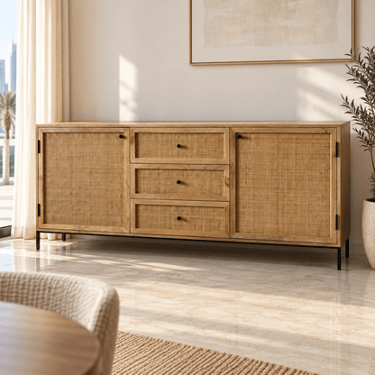 Home Centre Luwin Rattan 2-Door 3-Drawer Sideboard – Natural Wood - Al Thahani Furniture