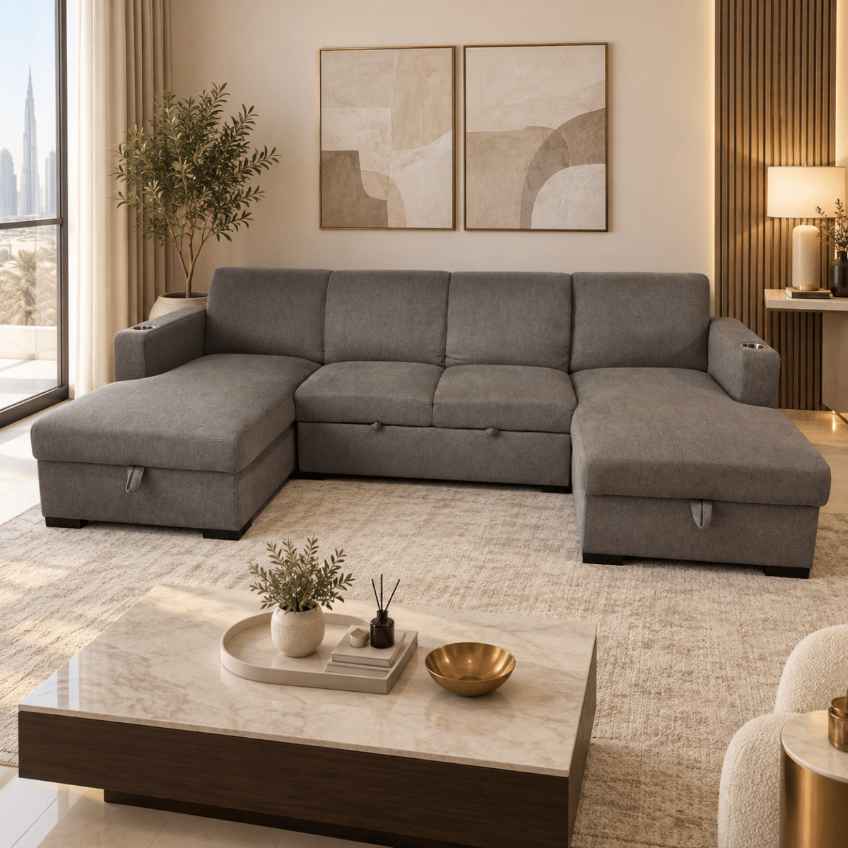 Home Centre Magnolia 4-Seater U-Shaped Corner Sofa Bed with Storage – Brown - Al Thahani Furniture