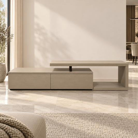 Home Centre Modern Asymmetrical TV Unit with 2 Drawers & Raised Shelf – Light Greige - Al Thahani Furniture