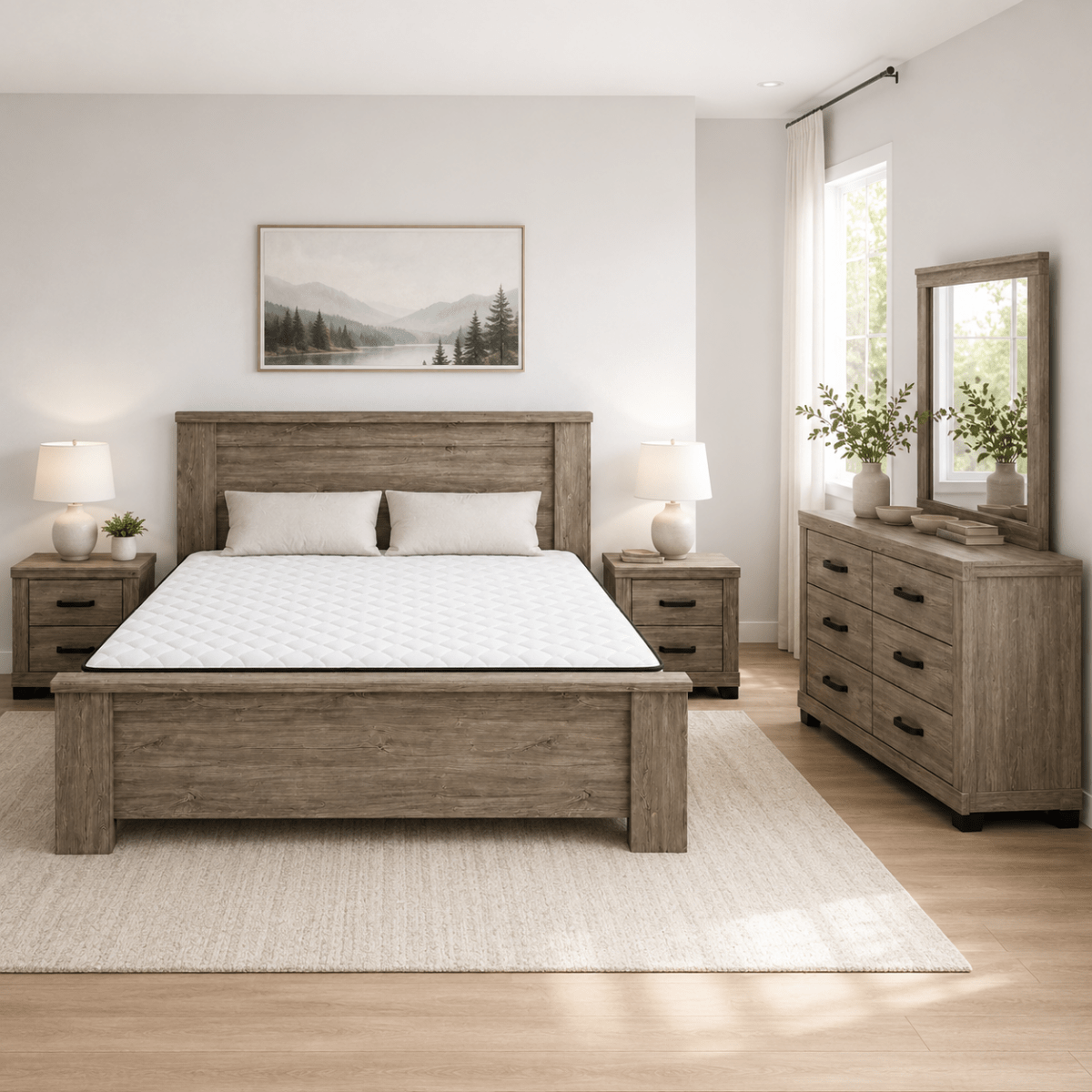 Home Centre Modern King Bed Set | Grey Wood, 180x200 cm - used 8 months - Al Thahani Furniture