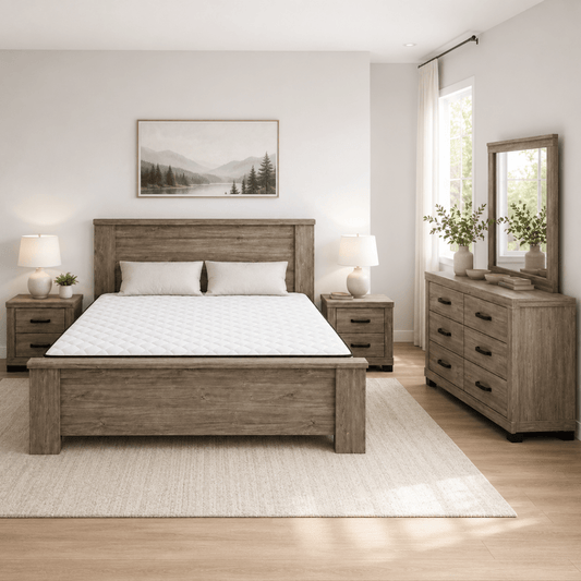 Home Centre Modern King Bed Set | Grey Wood, 180x200 cm - used 8 months - Al Thahani Furniture