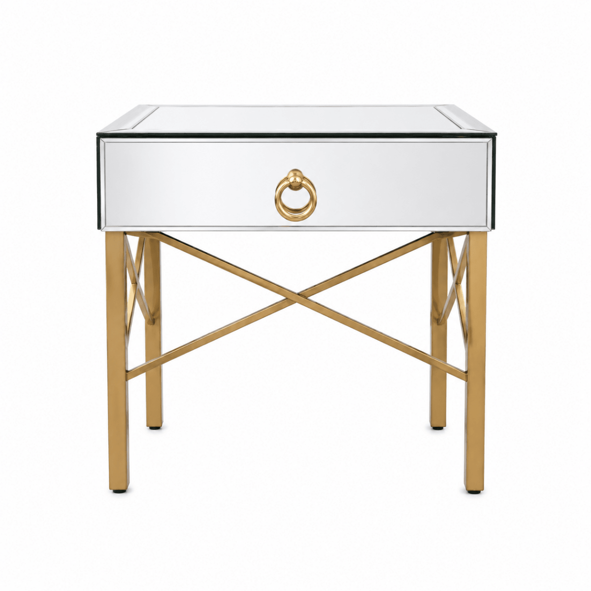 Home Centre Modern Nightstand | Glass & Gold Metal, 50x50x43 cm– used 6 months - Al Thahani Furniture
