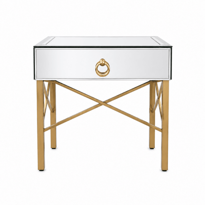 Home Centre Modern Nightstand | Glass & Gold Metal, 50x50x43 cm– used 6 months - Al Thahani Furniture