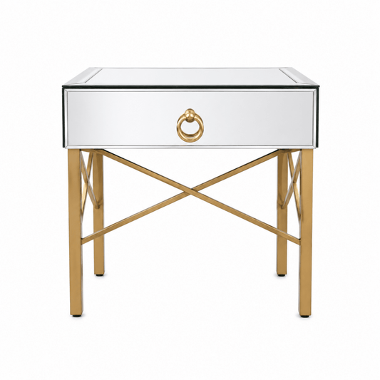 Home Centre Modern Nightstand | Glass & Gold Metal, 50x50x43 cm– used 6 months - Al Thahani Furniture
