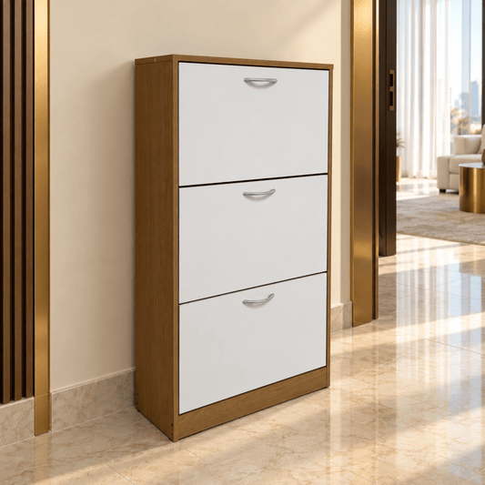 Home Centre Nordic 24-Pair Shoe Cabinet – White & Oak – 120 × 35 × 102 cm - Al Thahani Furniture