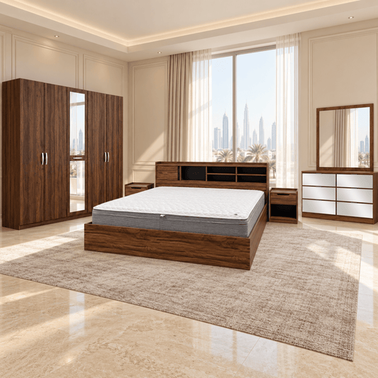 Home Centre Octon King Bedroom Set with Mattress, 5-Door Wardrobe, 2 Nightstands, 6-Drawer Dresser & Mirror – 180 × 200 cm – Walnut - Al Thahani Furniture