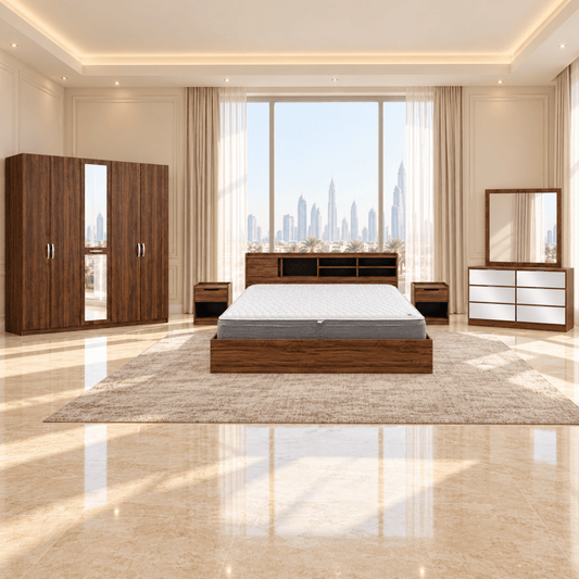 Home Centre Octon King Bedroom Set with Mattress, 5-Door Wardrobe, 2 Nightstands, 6-Drawer Dresser & Mirror – 180 × 200 cm – Walnut - Al Thahani Furniture