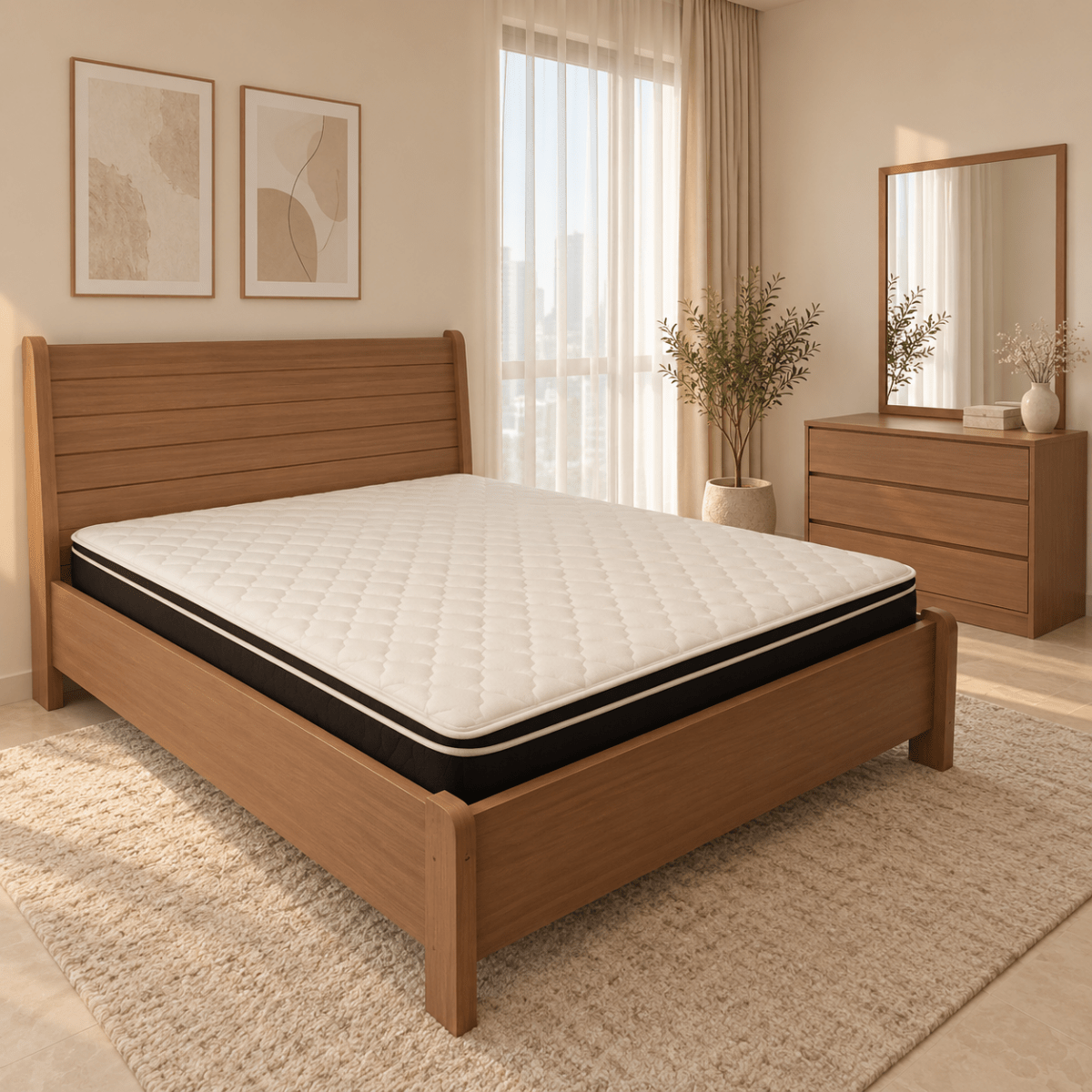 Home Centre Queen Bed with Mattress &amp; 3-Drawer Dressing Table with Mirror – 160 × 200 cm – Natural Brown - Al Thahani Furniture